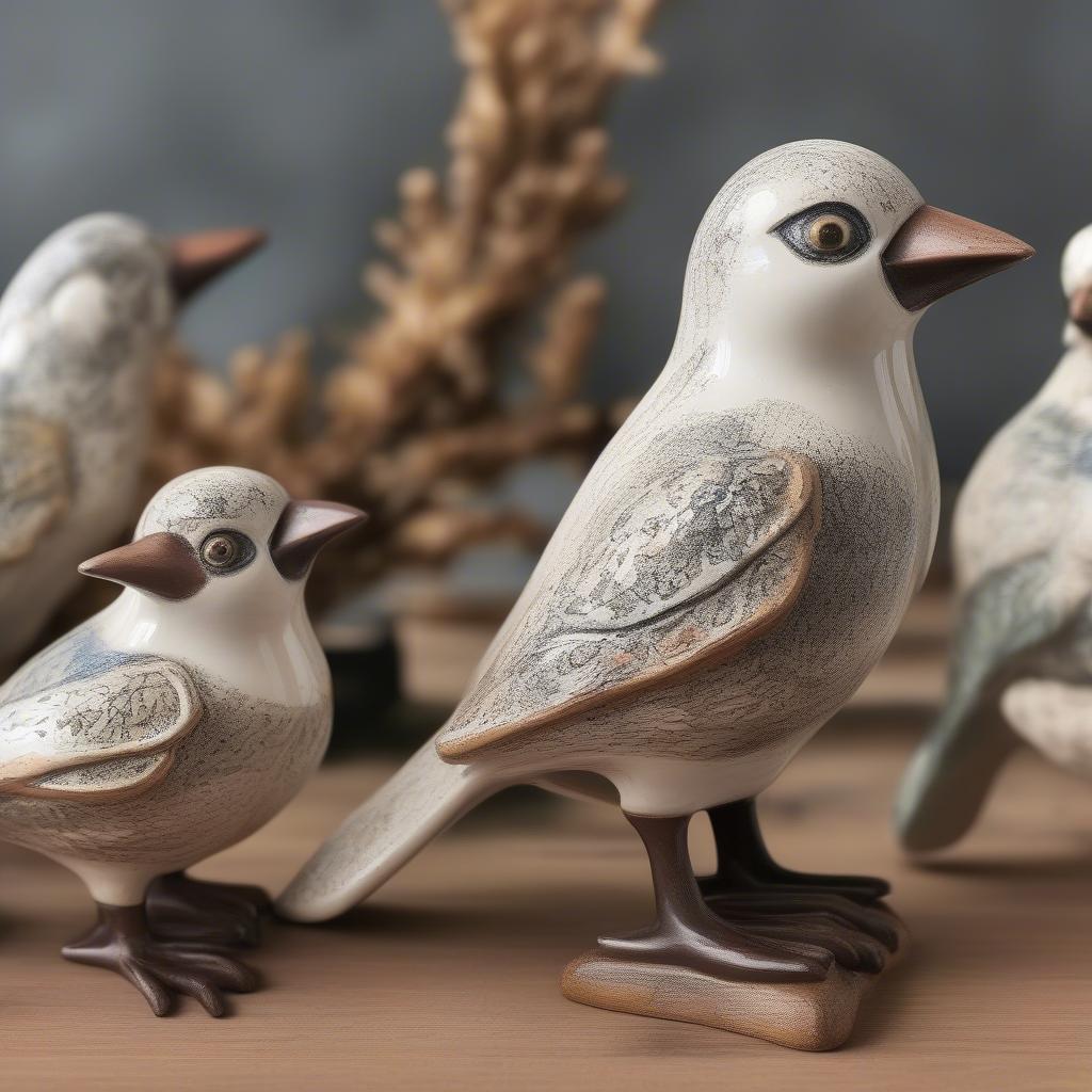 Vintage ceramic bird figurines available for sale, showing intricate details and antique charm.