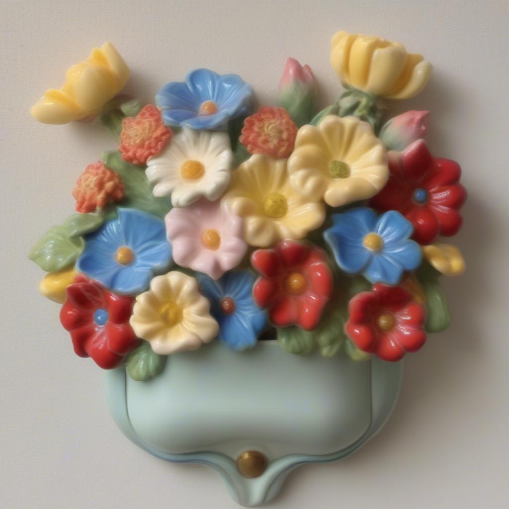 Vintage ceramic wall pocket filled with colorful flowers hanging on a pastel-colored wall.