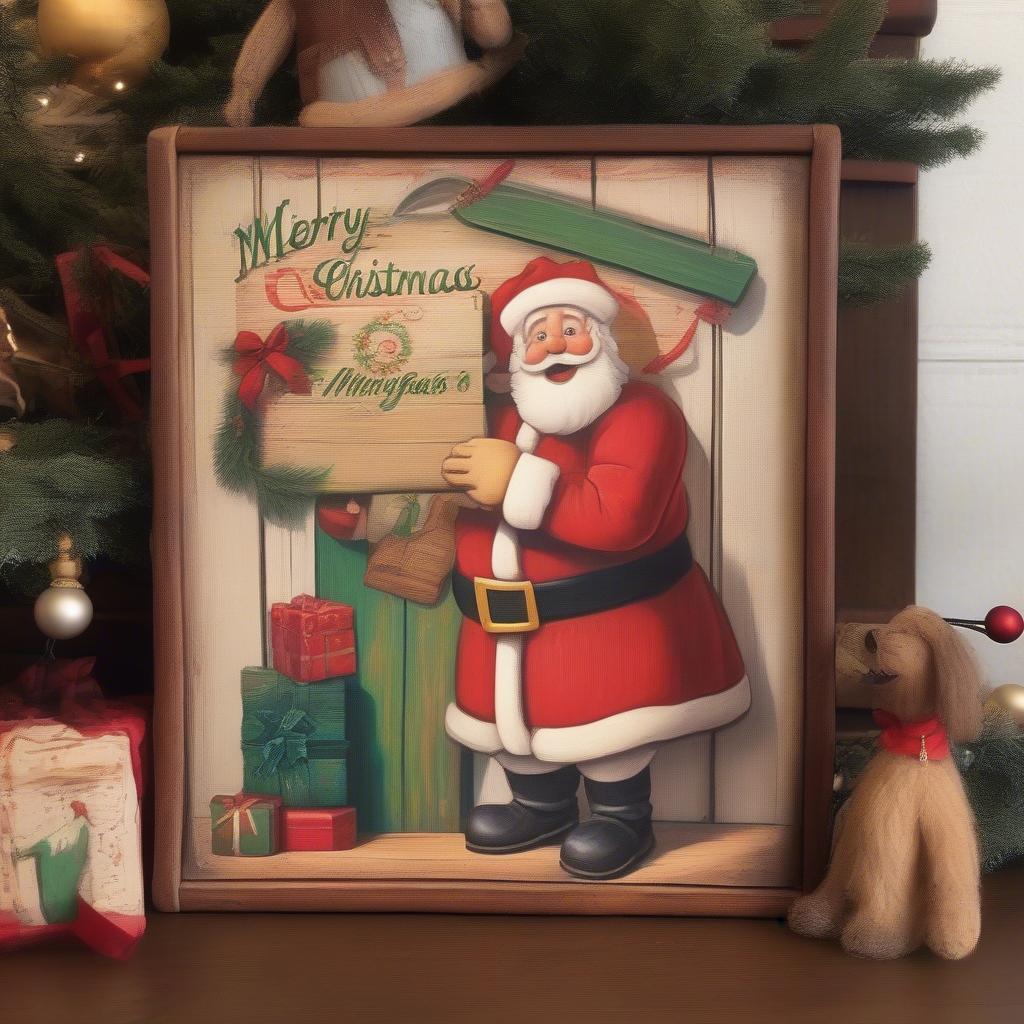 Vintage Wooden Christmas Sign Featuring Santa Claus