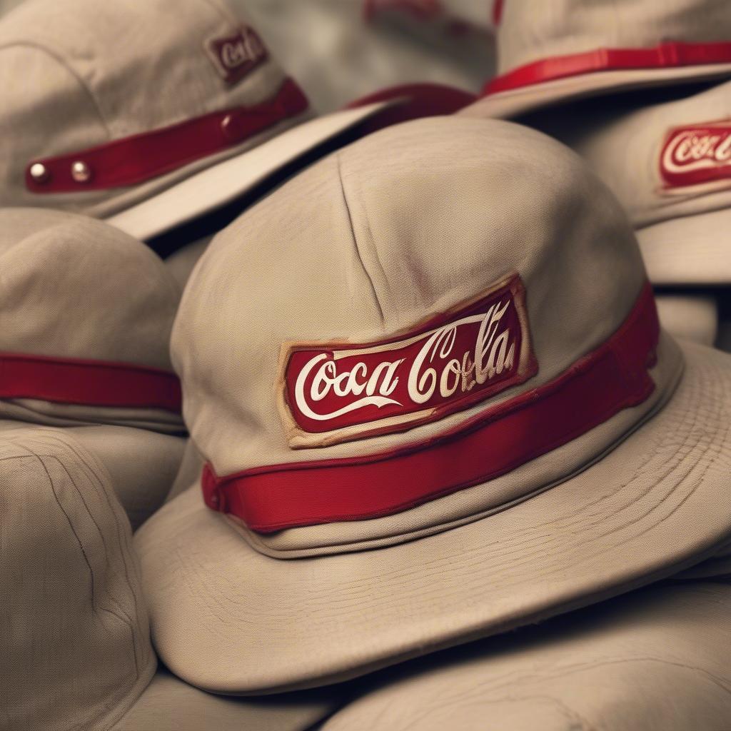 A vintage Coca-Cola fitted hat displayed in a glass case.