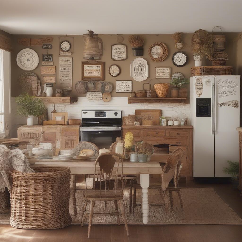 Vintage Farmhouse Kitchen with Wicker Baskets and Wall Decor