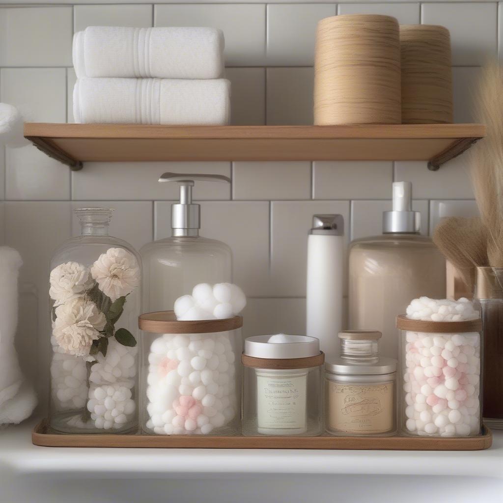 Vintage Floral Canisters on a Bathroom Shelf