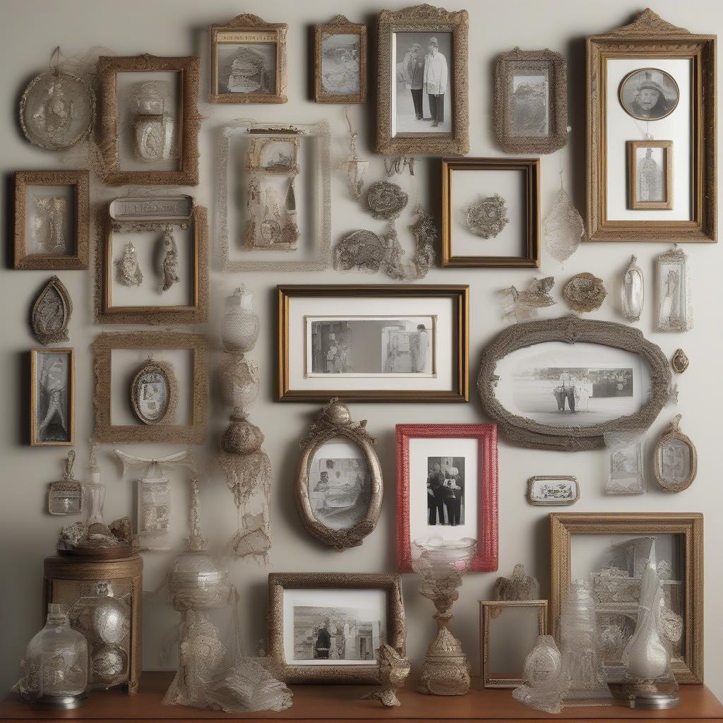 A collection of vintage glass picture frame ornaments, showcasing various styles and designs.