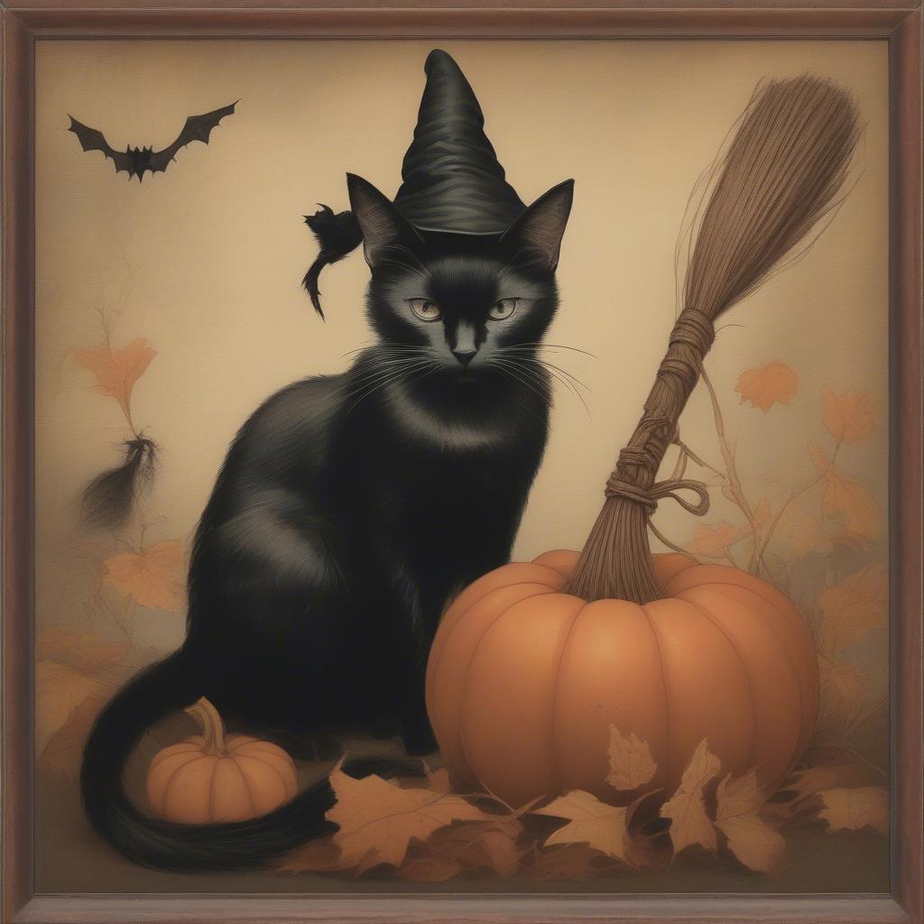 Vintage Halloween Framed Picture of a Black Cat and a Witch