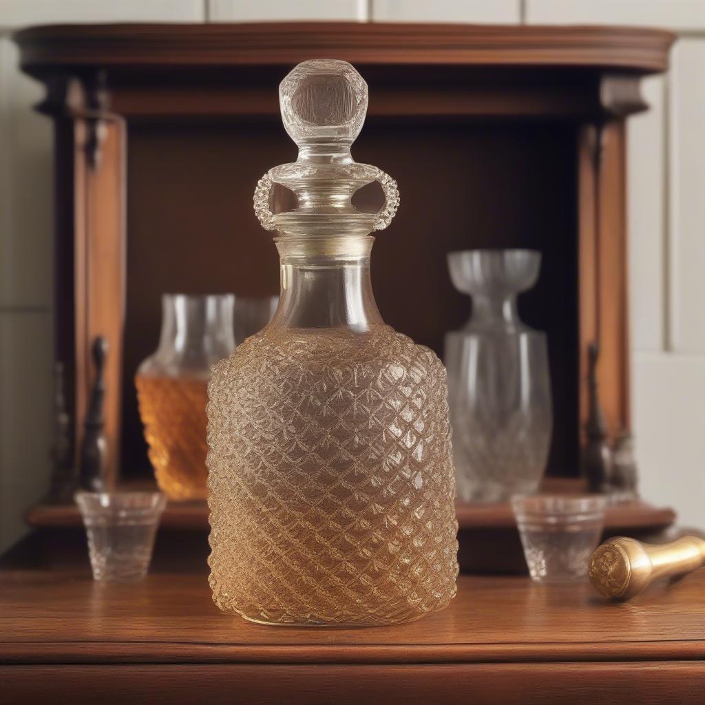 A vintage hobnail decanter on display