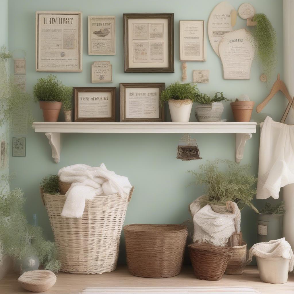 Vintage laundry signs and framed botanical prints on a laundry room wall.