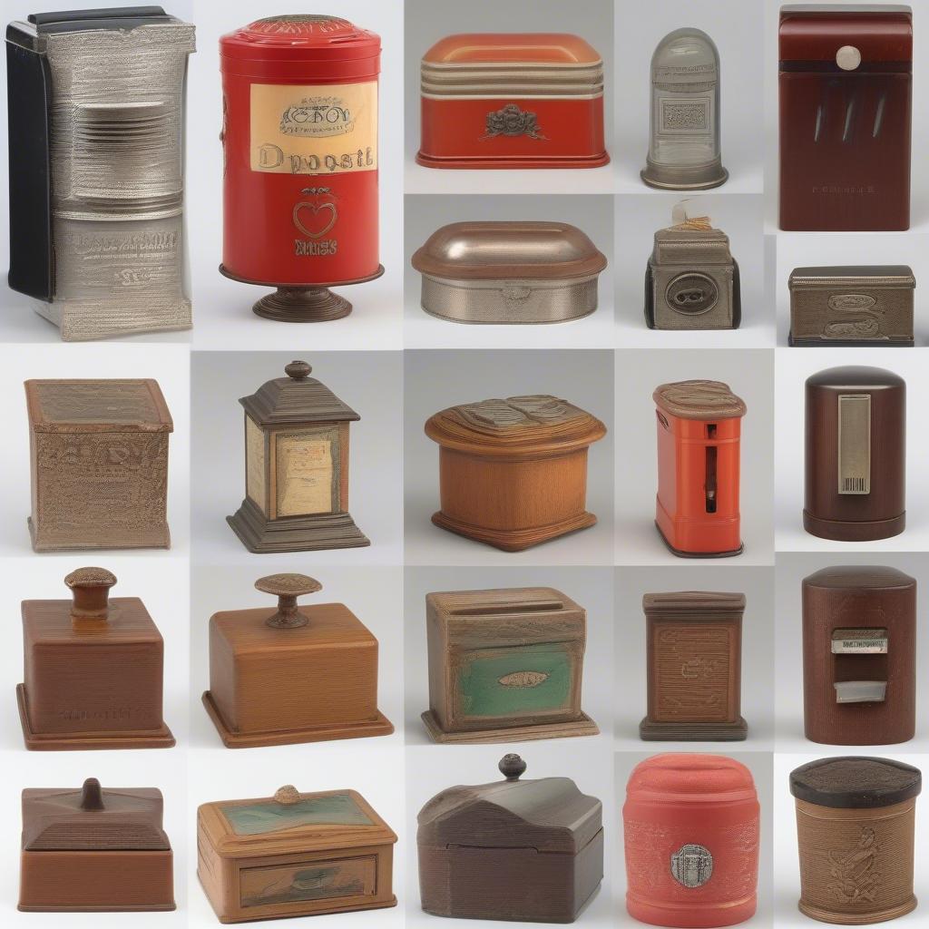 A collection of various vintage match dispensers showcasing different materials, designs, and eras.