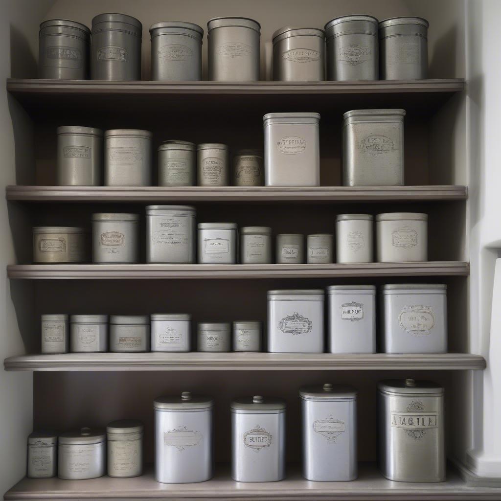 Vintage metal canisters add charm and functionality to a pantry.