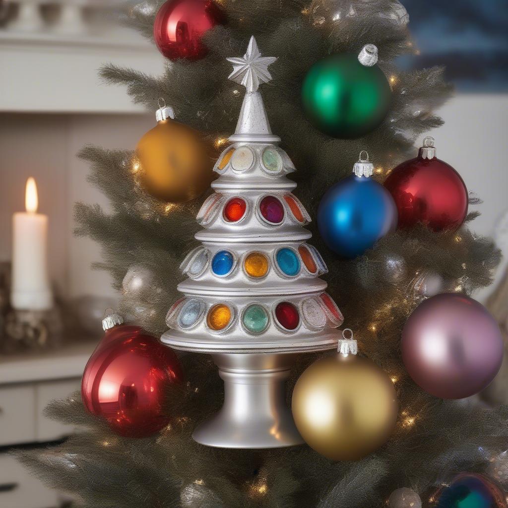 Vintage Metal Christmas Tree with Colorful Ornaments