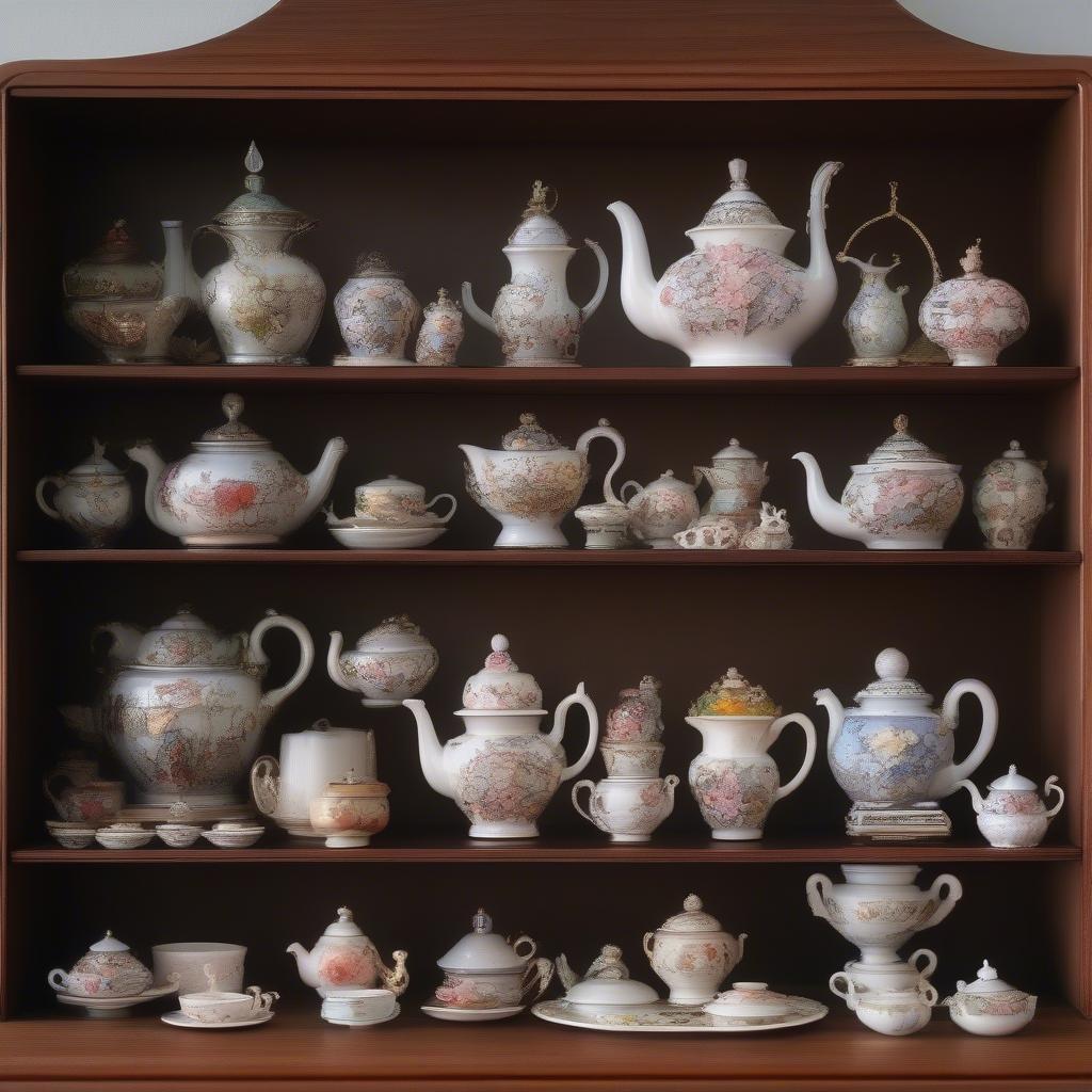 A collection of vintage miniature tea sets displayed on a shelf.