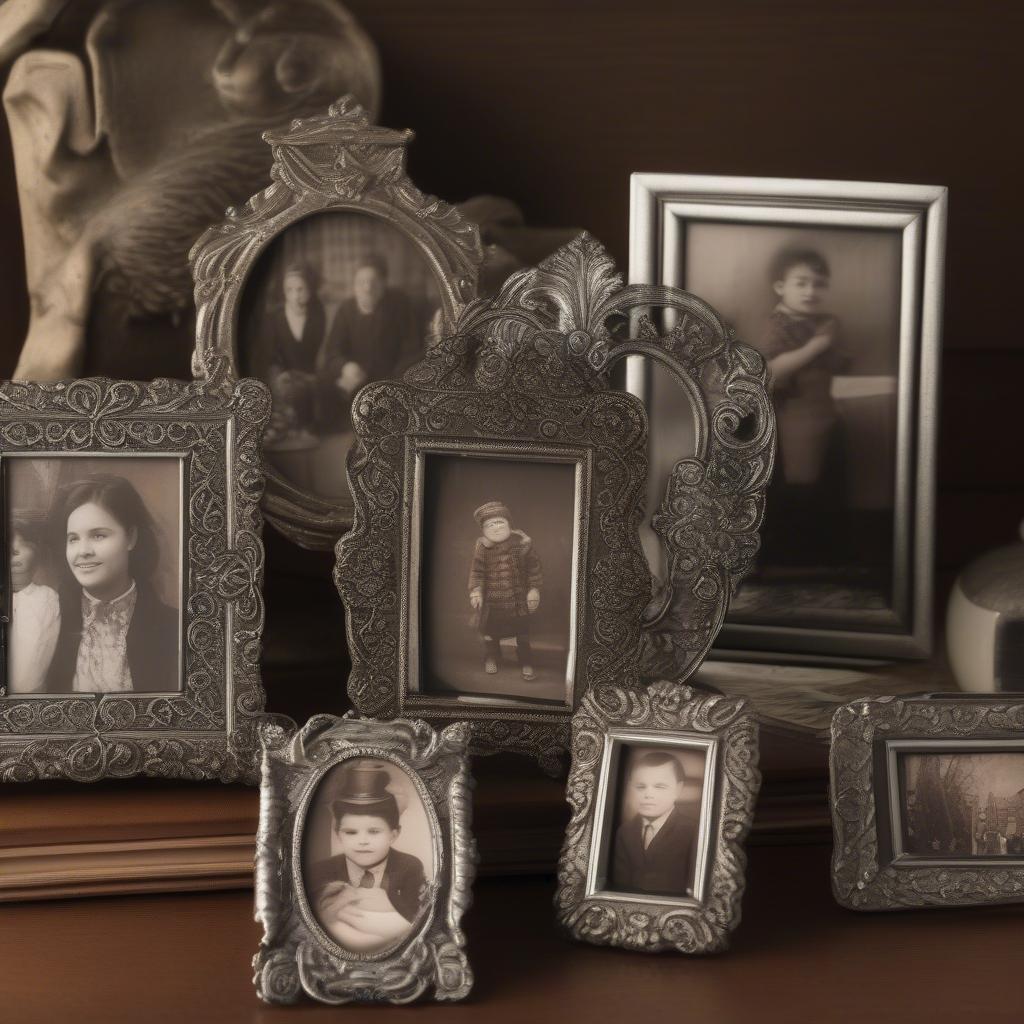 Vintage small metal picture frames on a desk