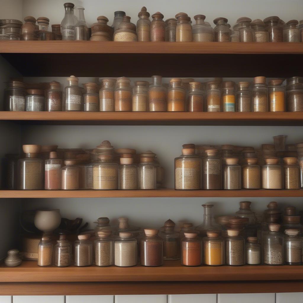 Vintage Spice Container Collection on Display Shelf