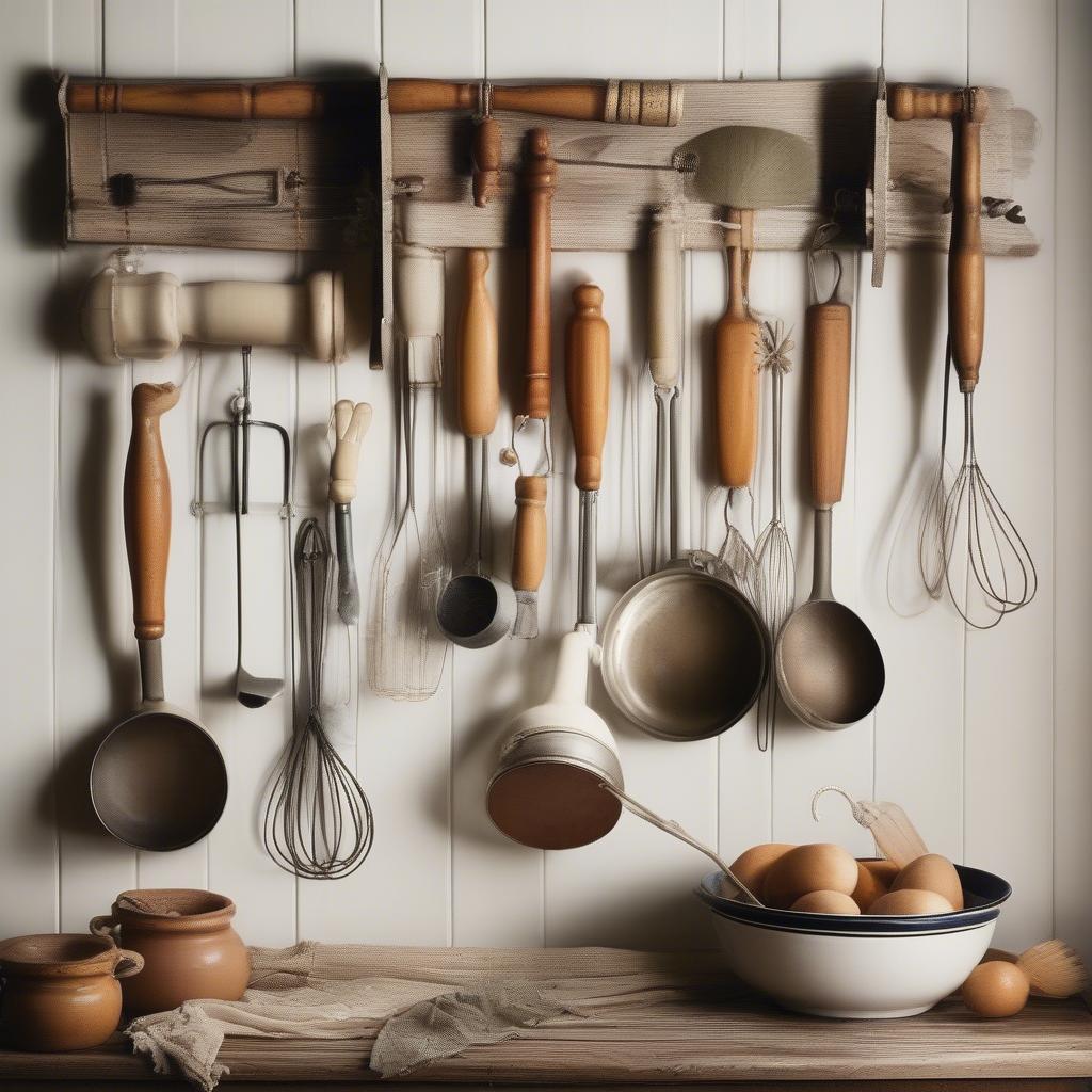 Vintage kitchen utensils displayed on a wall with decorative hooks