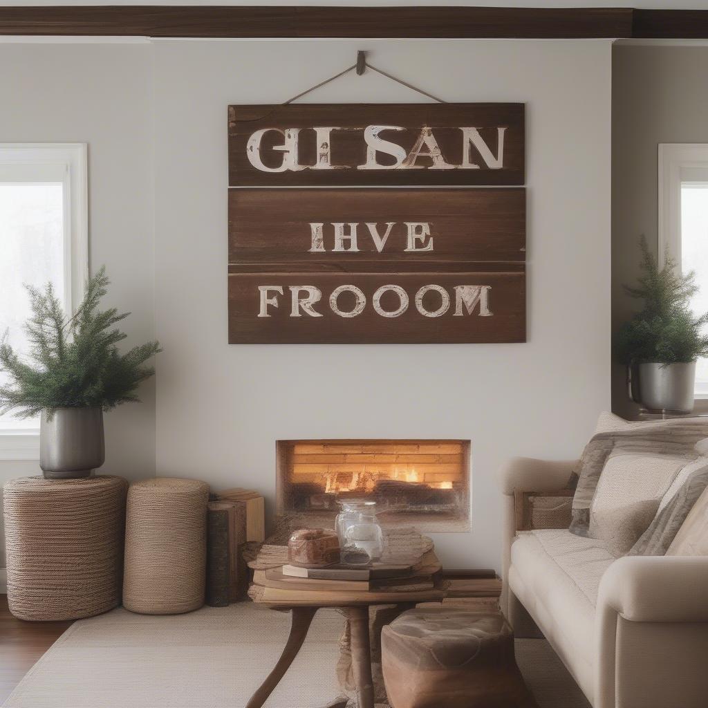 Vintage Wood Sign Hanging in a Living Room