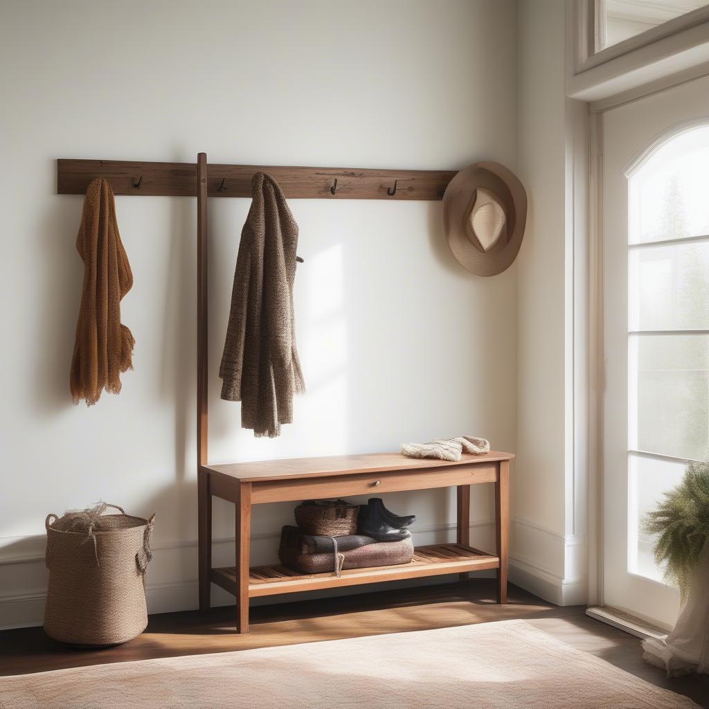 Vintage Wood Standing Coat Rack in a Modern Entryway