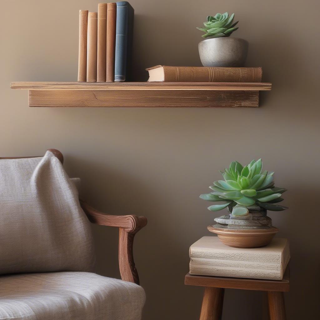 Vintage wood wall shelf in a living room setting, displaying books and plants.