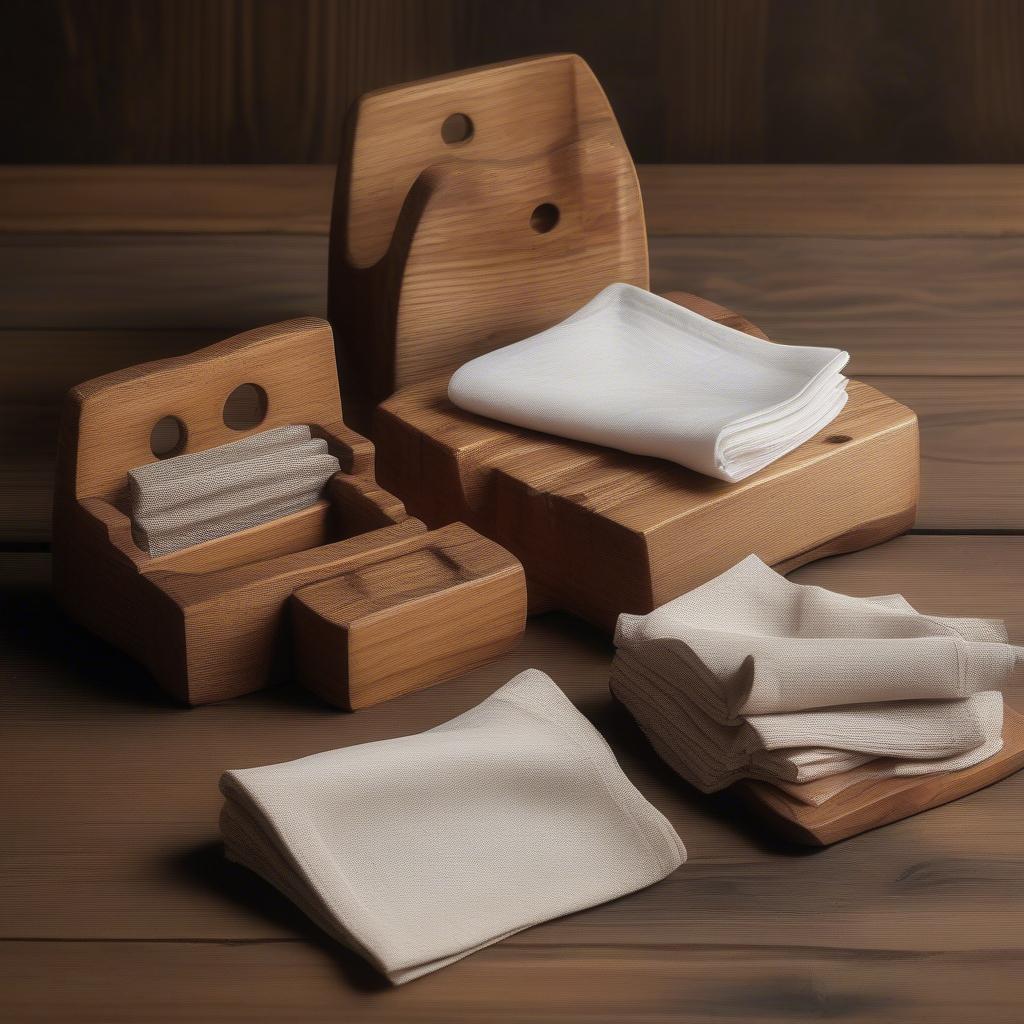 Vintage wooden napkin holders on a rustic table setting.