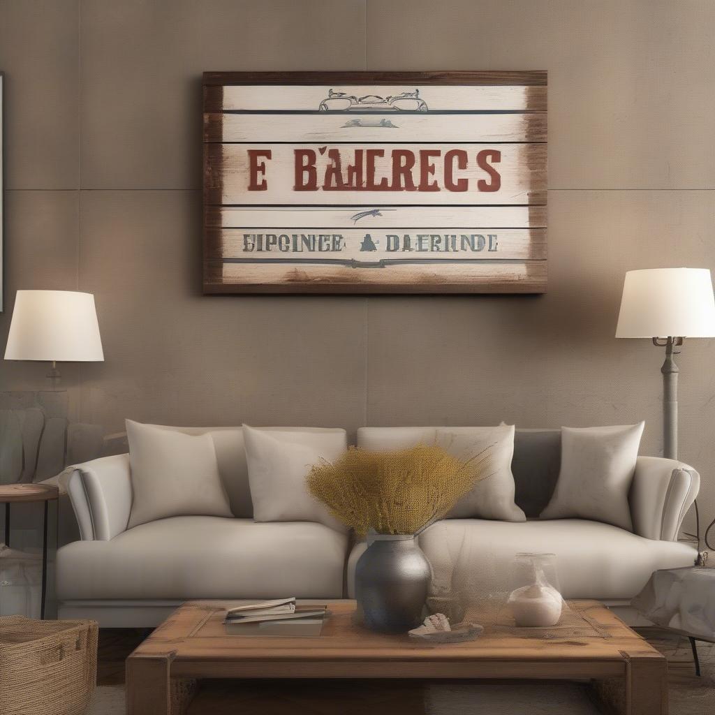 A vintage wooden sign hanging in a living room, complementing the rustic decor