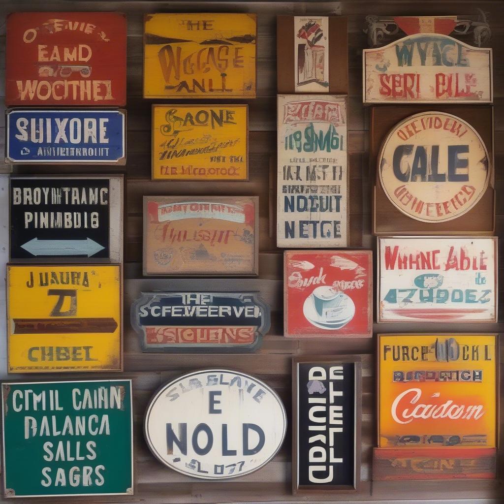 A collection of various vintage wooden signs displayed on a wall, showcasing different styles, sizes, and colors