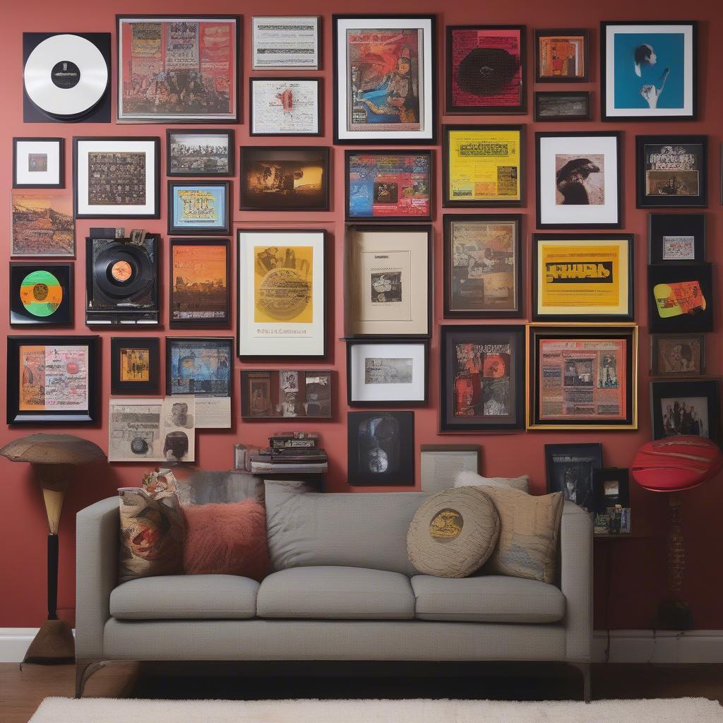 A gallery wall featuring a mix of 12 inch vinyl display frames, concert posters, and other music memorabilia.