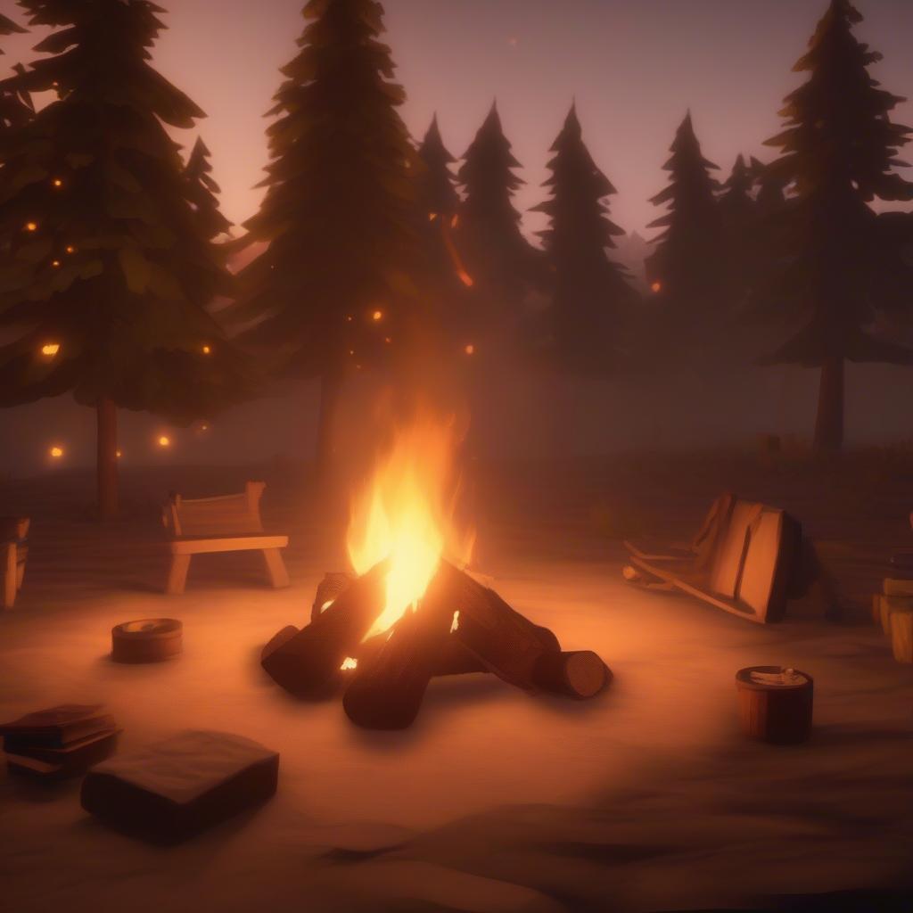 Virtual campfire background on a screen during an online game