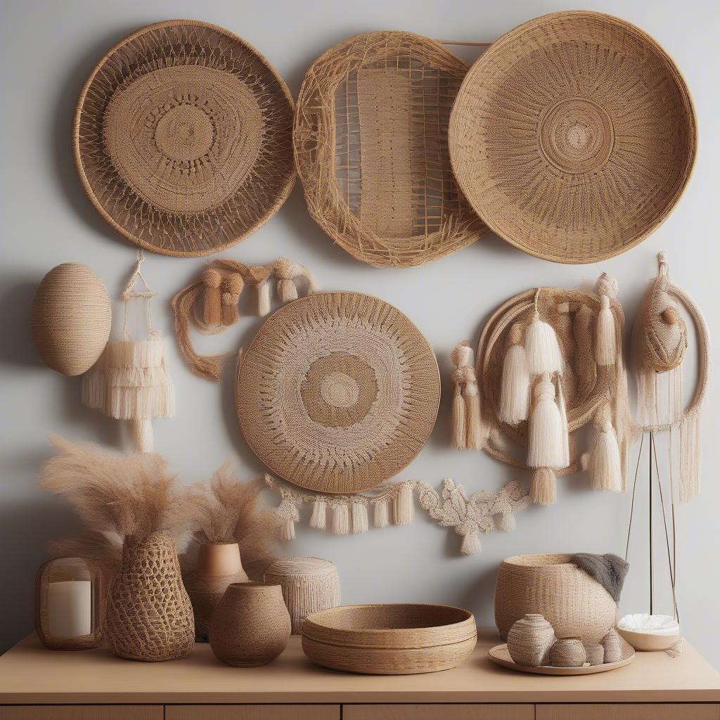 Wall art decorative options include wicker plates, mirrors framed with wicker, and macrame wall hangings, showcasing a variety of styles and textures for interior design.