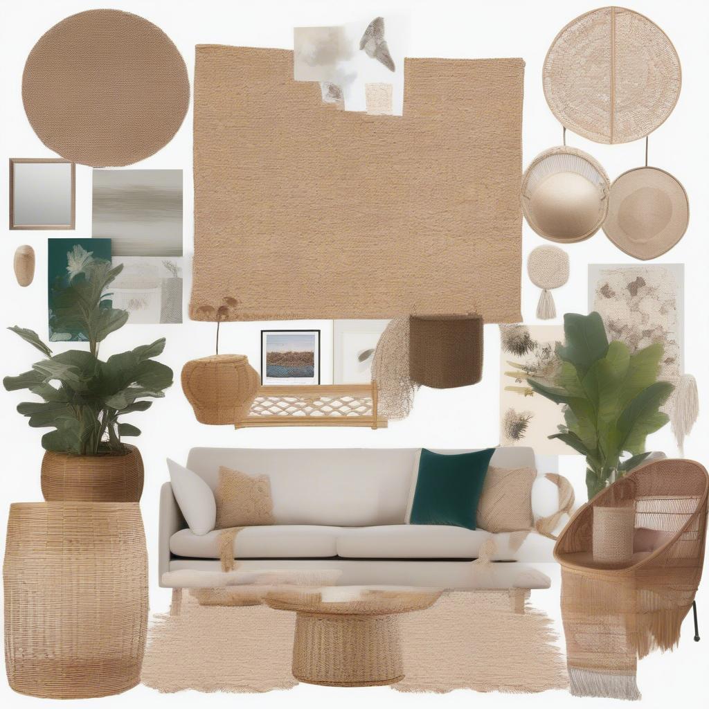 Various wall art ideas for the living room showcasing wicker, rattan, and other natural materials, providing inspiration for different design styles.