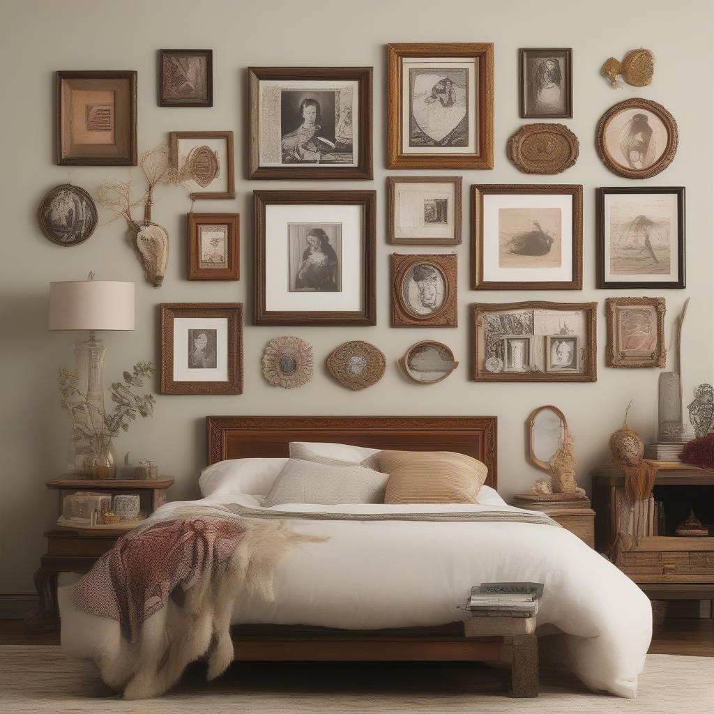 Eclectic Bedroom Wall Collage with Mixed Frames