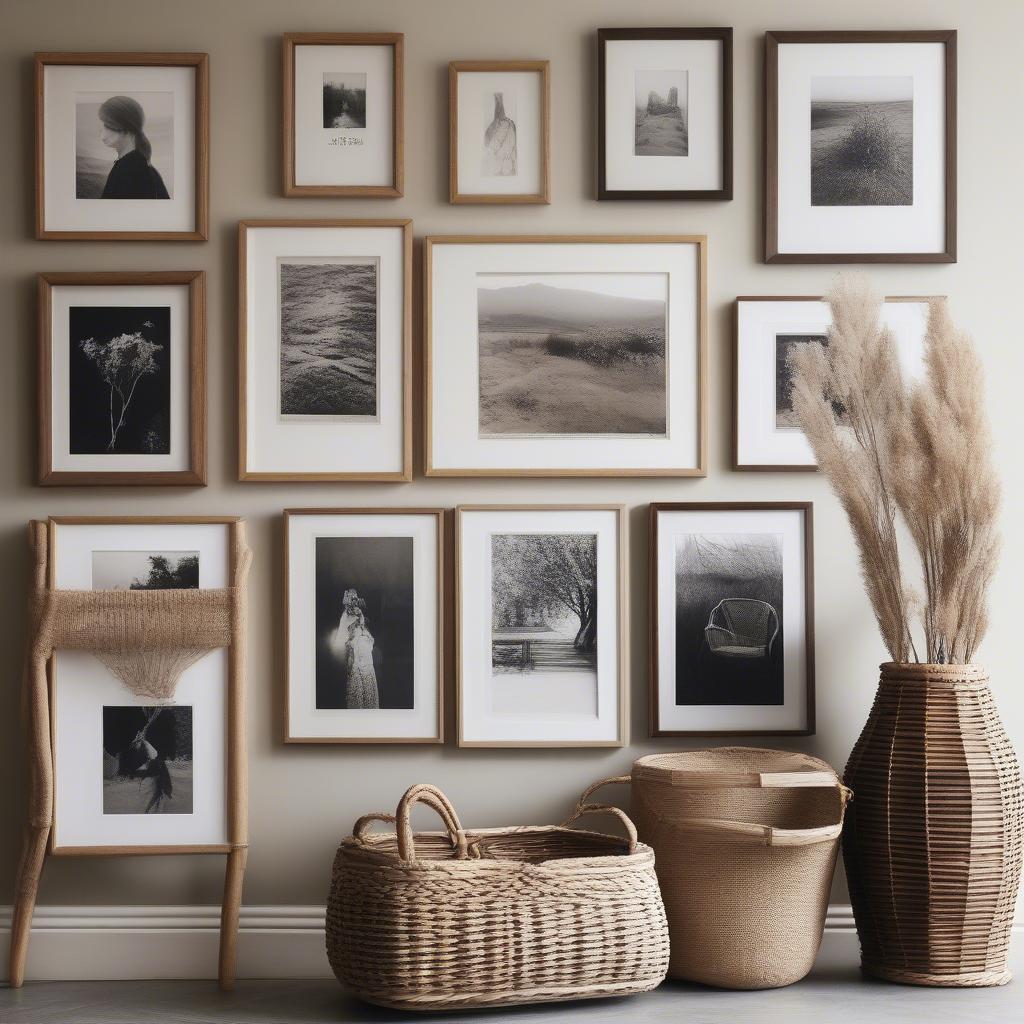 Gallery Wall in Hallway with Various Frames and a Wicker Basket