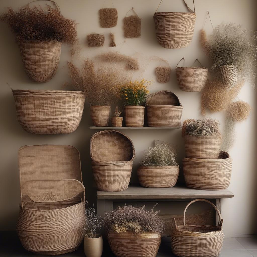 Wall decorated with wicker baskets and greenery, showing a mix of sizes and styles