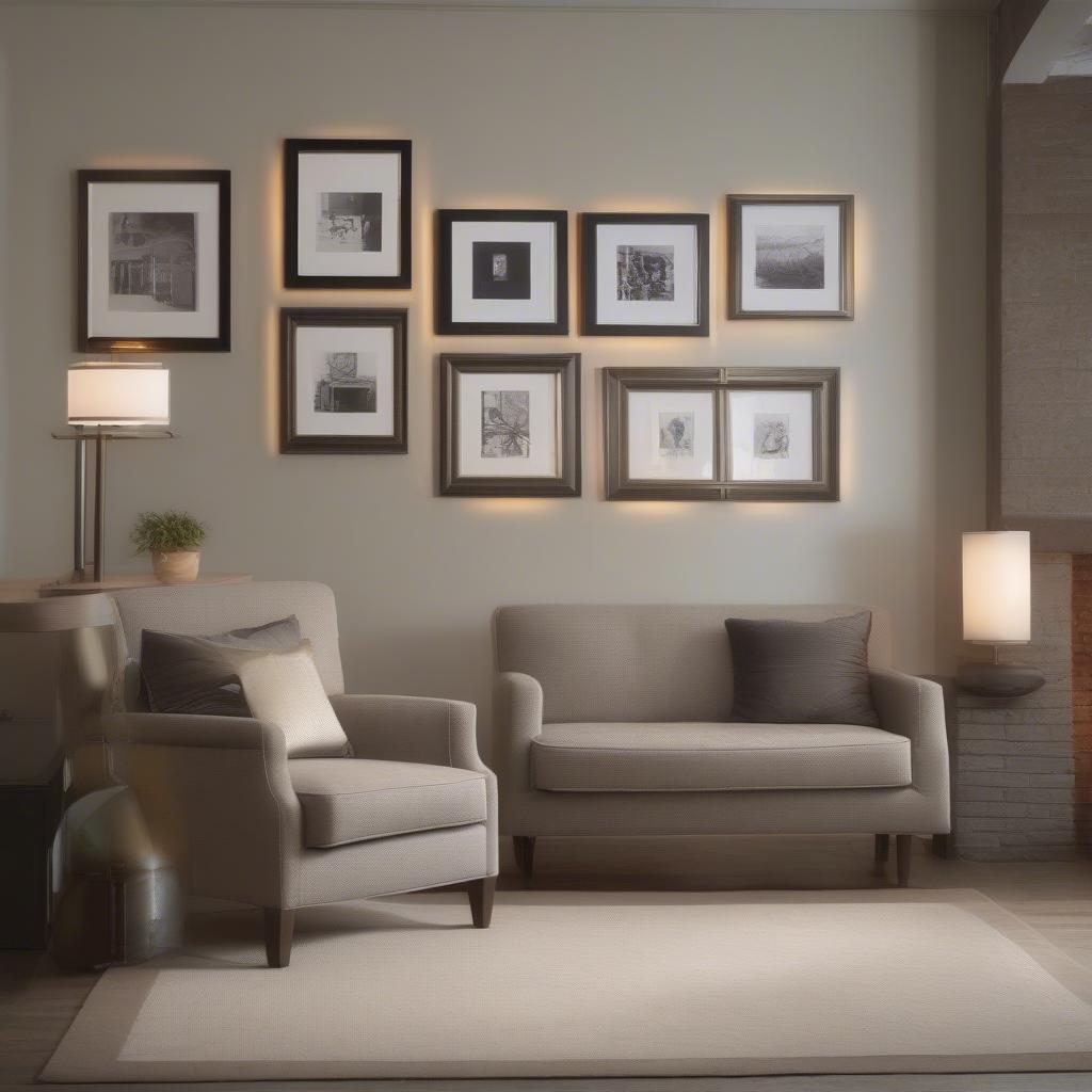 Different lighting options for a wall with framed pictures