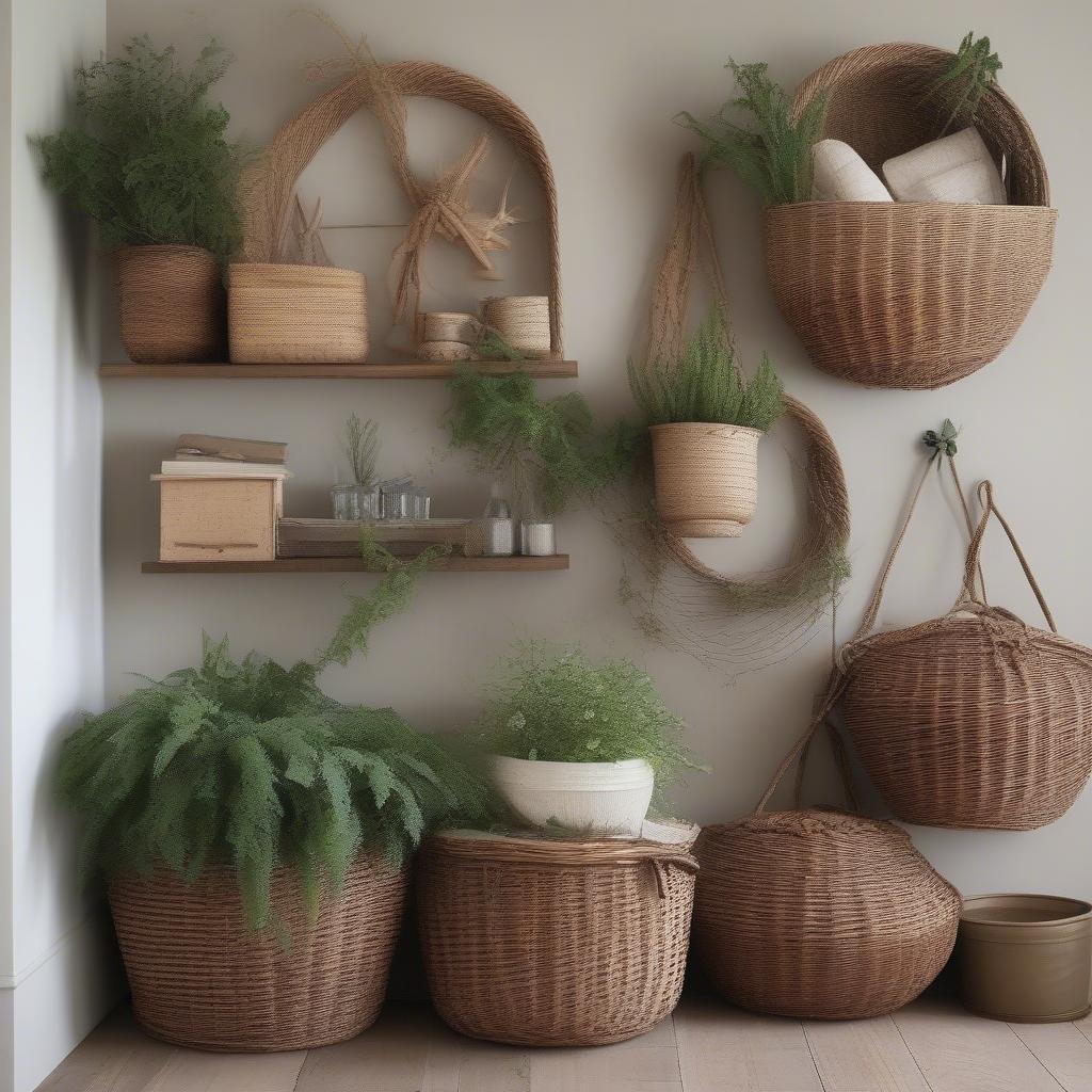 Wall-mounted wicker baskets maximize vertical space in a small apartment.