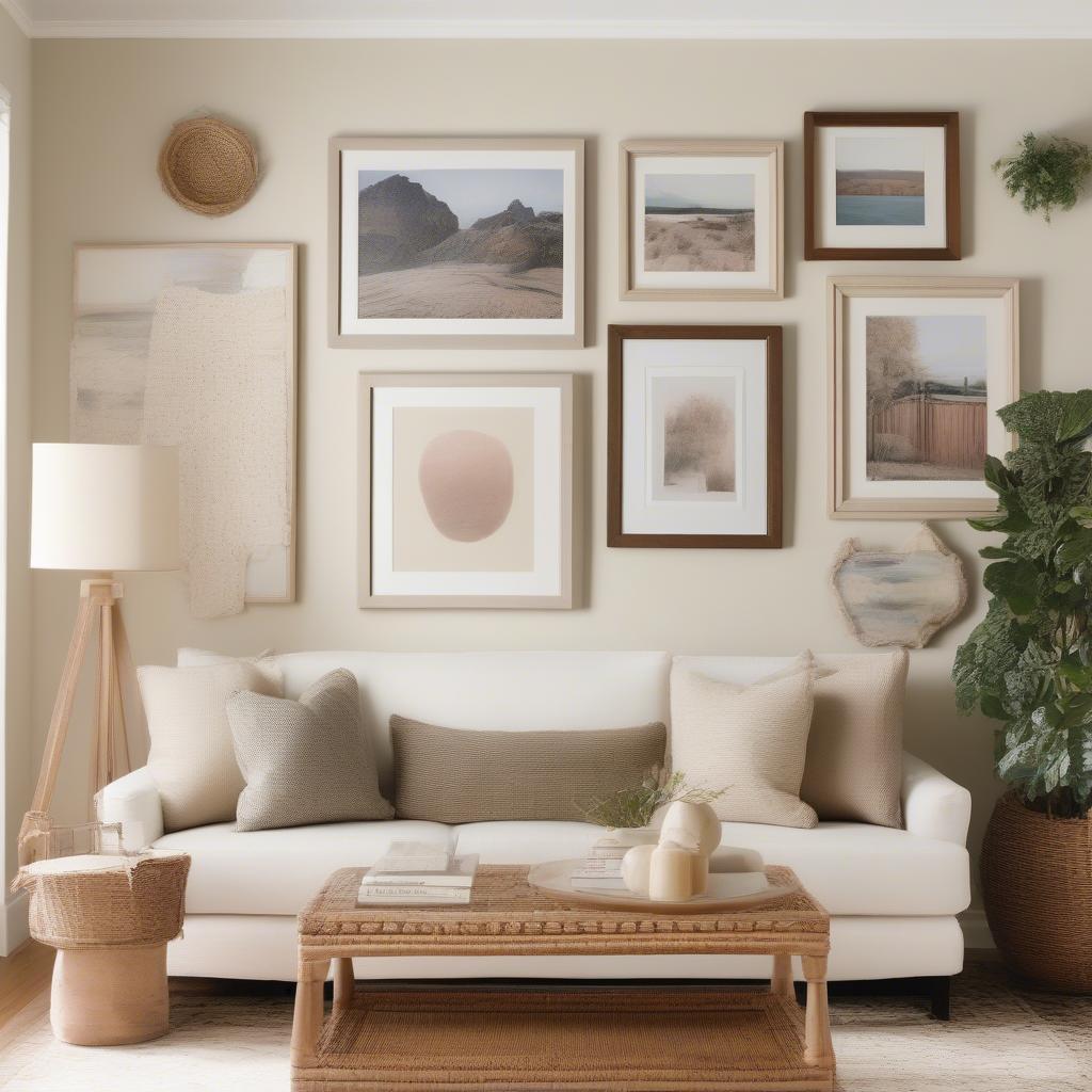 A gallery wall featuring a variety of photo frames arranged in a balanced and visually appealing manner.