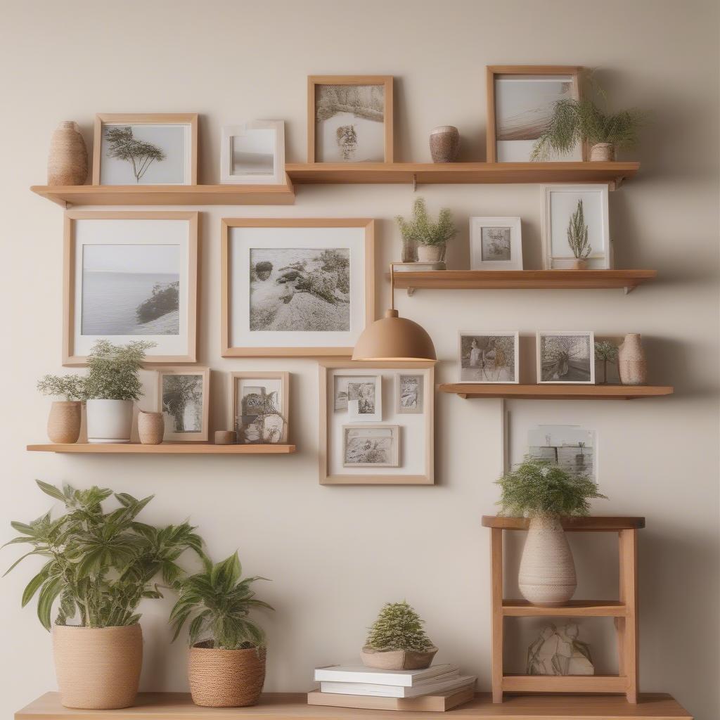 Wall shelf with photo frames in a living room setting