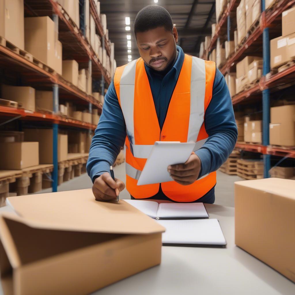 Warehouse staff member diligently recording inventory in a notebook.