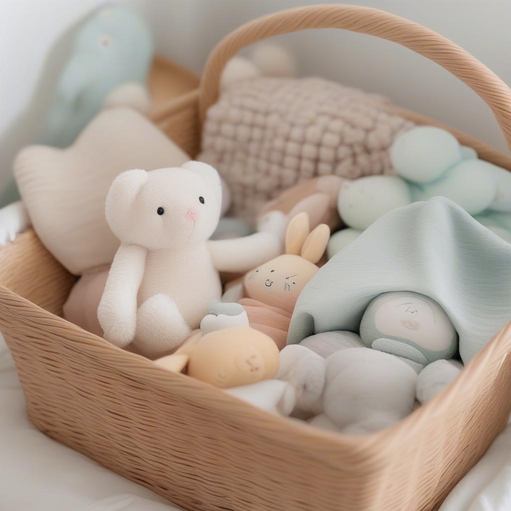 Warmie Junior basket used for storing baby blankets and toys in a nursery