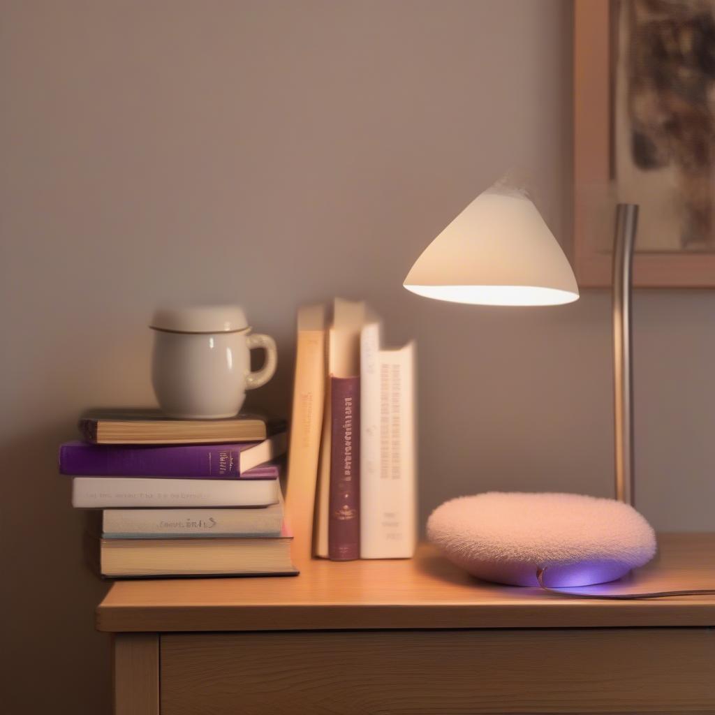 Warmie Mushroom resting on a bedside table