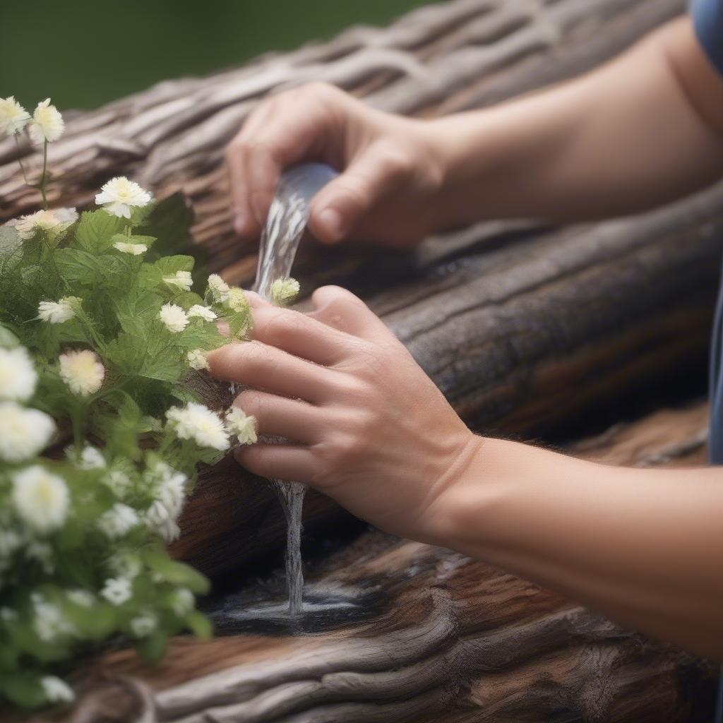 A person watering an outdoor log planter filled with flowers