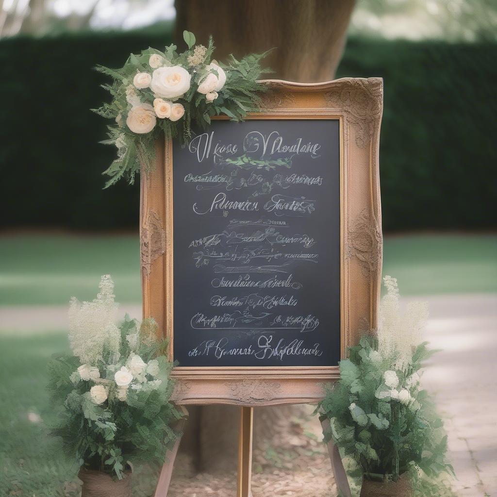 Wedding chalkboard welcome sign with floral decorations.