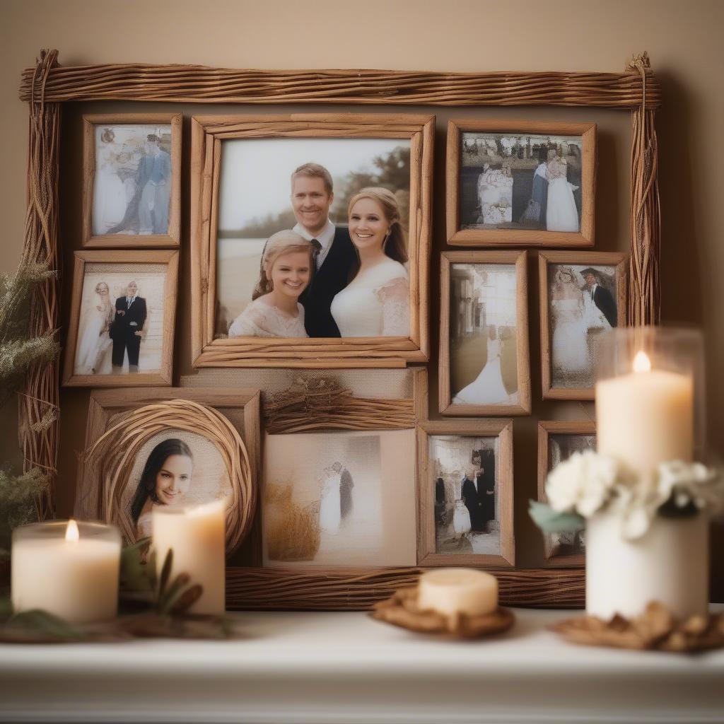 Rustic wicker collage wedding picture frame showcasing various wedding photos.