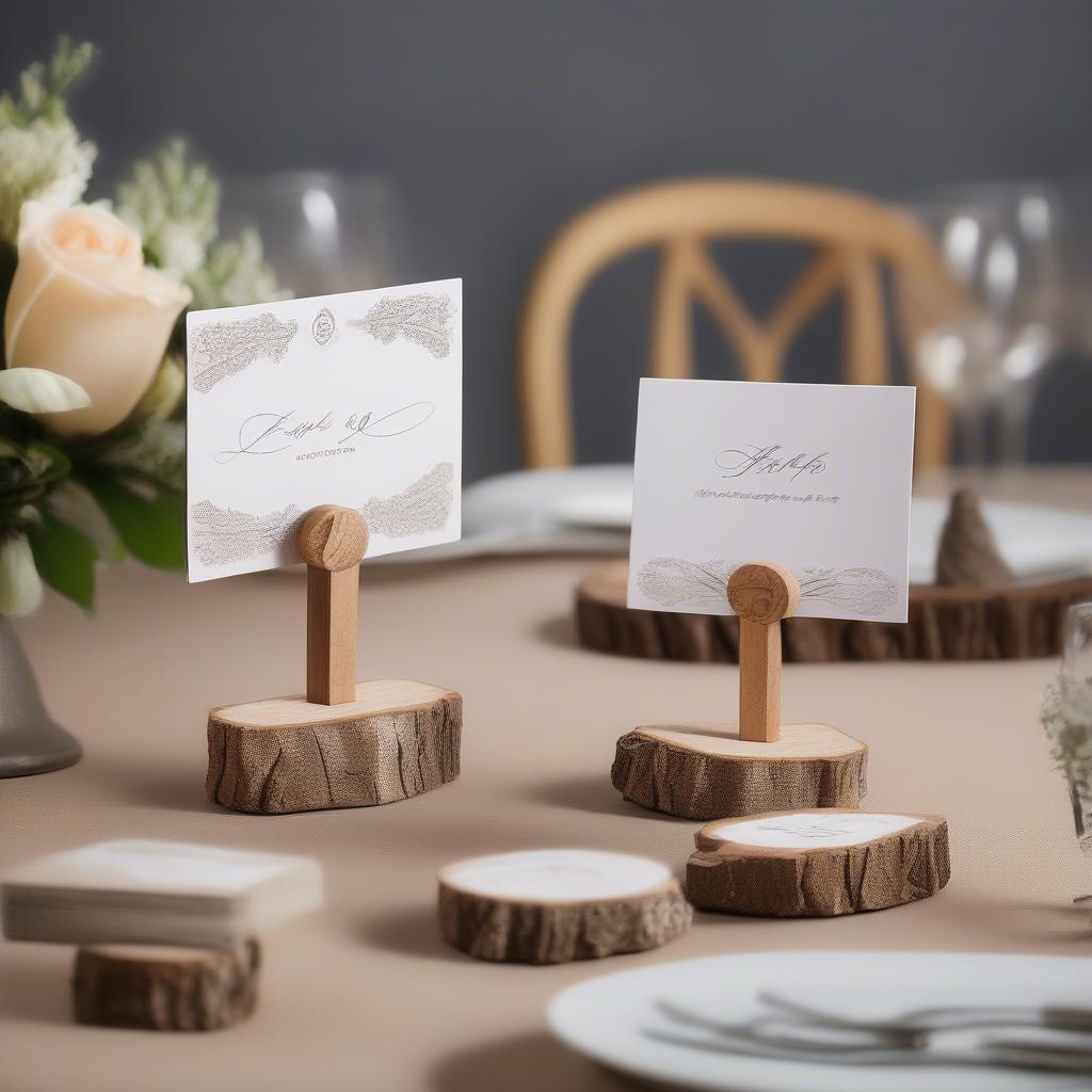 Various wedding table card holders including wooden picture holders, photo holders for table, and place card holders with a rustic design.