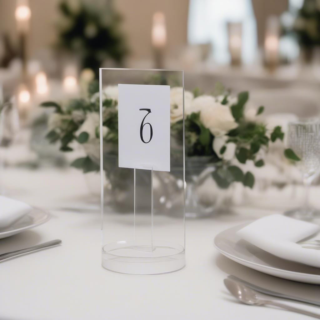 Modern acrylic wedding table sign holders with minimalist table numbers.