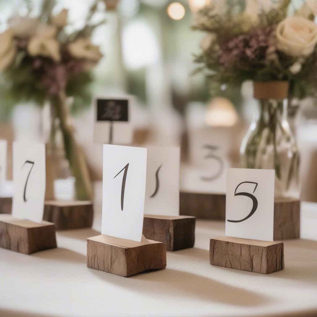 Rustic wood wedding table sign holders with calligraphy table numbers.