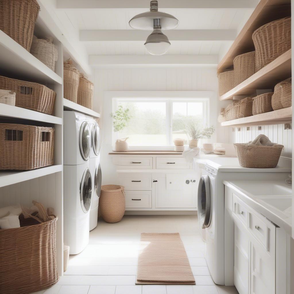 White Barn Laundry Room with Wicker Baskets