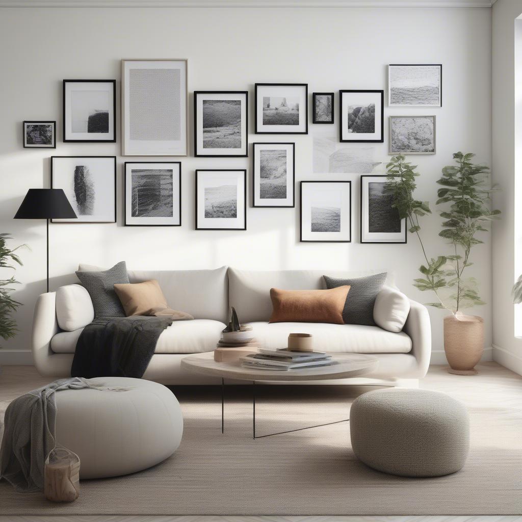 White circle picture frames add a modern touch to a living room setting.