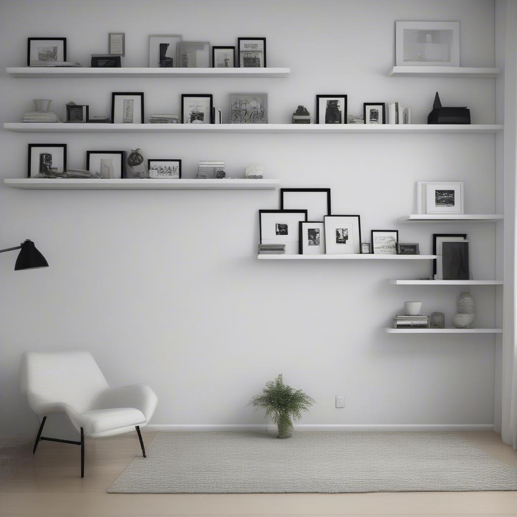 White floating shelves with black picture frames in a bedroom