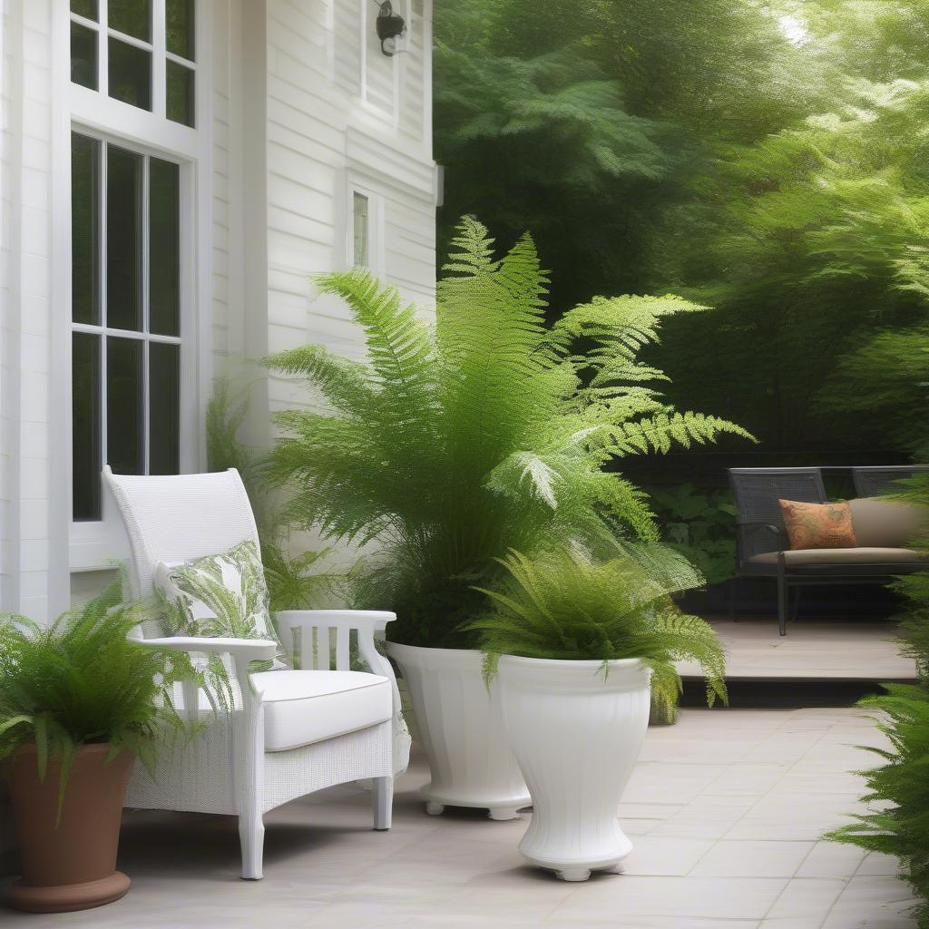 White fluted planter in an outdoor garden setting