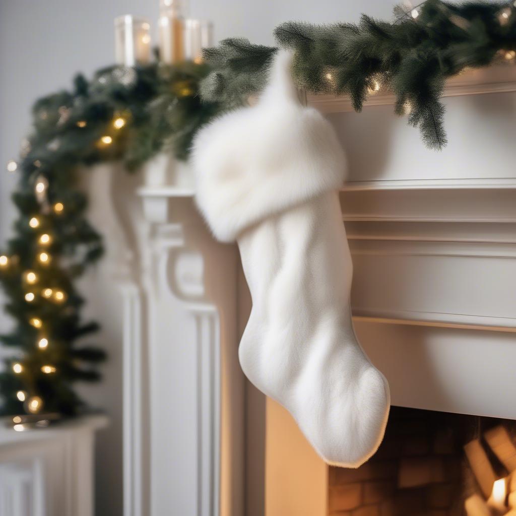 Closeup of a white fur Christmas stocking hanging on a fireplace mantel.