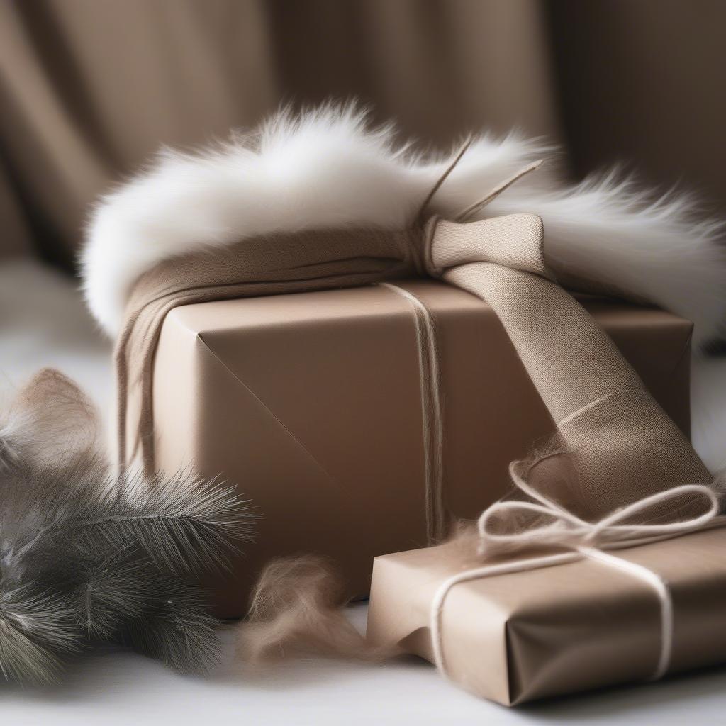 White fur Christmas stocking with gifts wrapped in brown paper