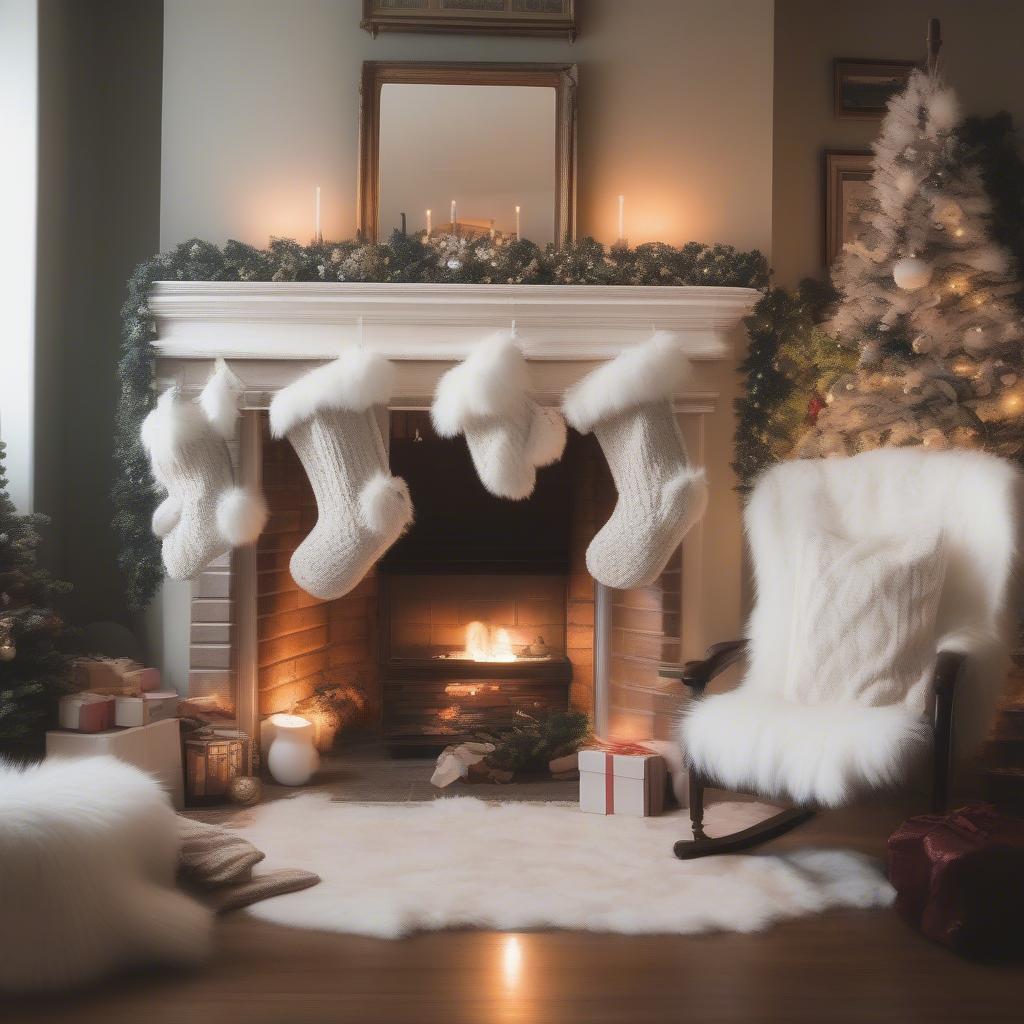 White fur Christmas stockings hanging on a mantelpiece